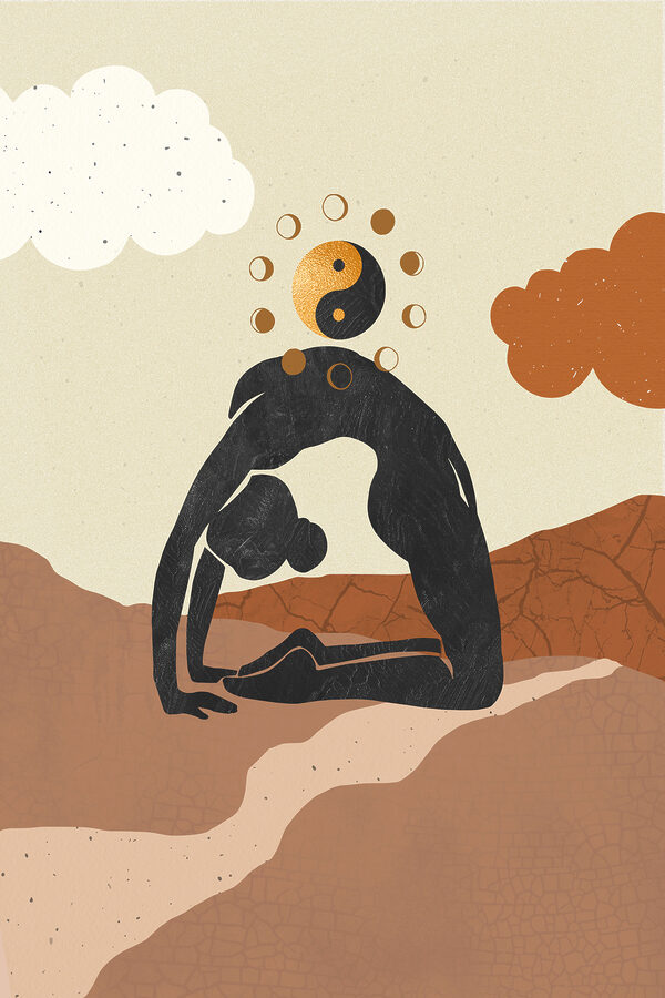 A drawing of a woman doing yoga