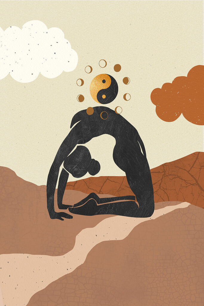 A drawing of a woman doing yoga