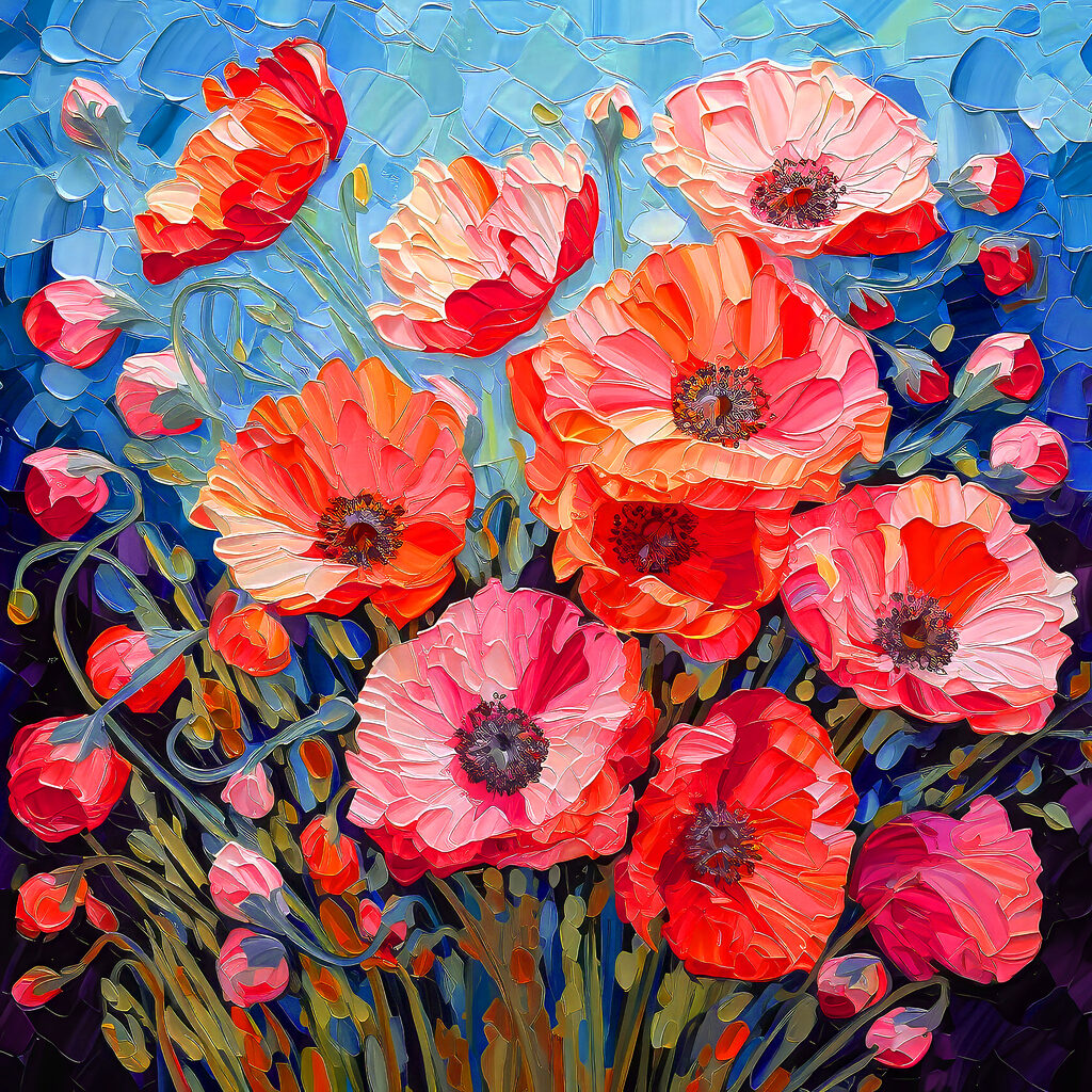 A painting of flowers on a blue background