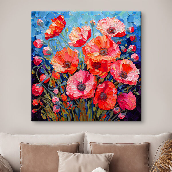 A painting of flowers on a blue background