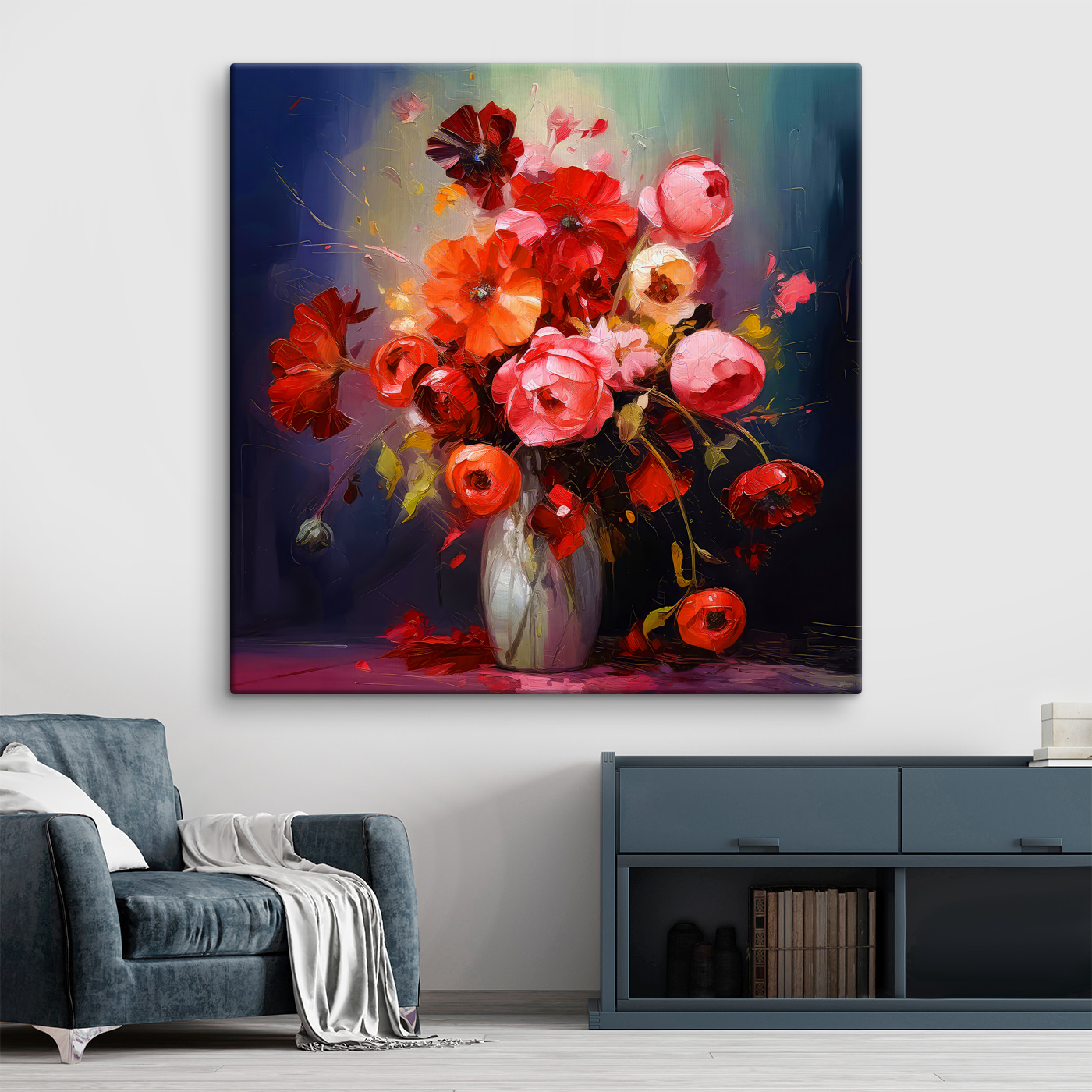 A painting of flowers in a vase A painting of flowers in a vase