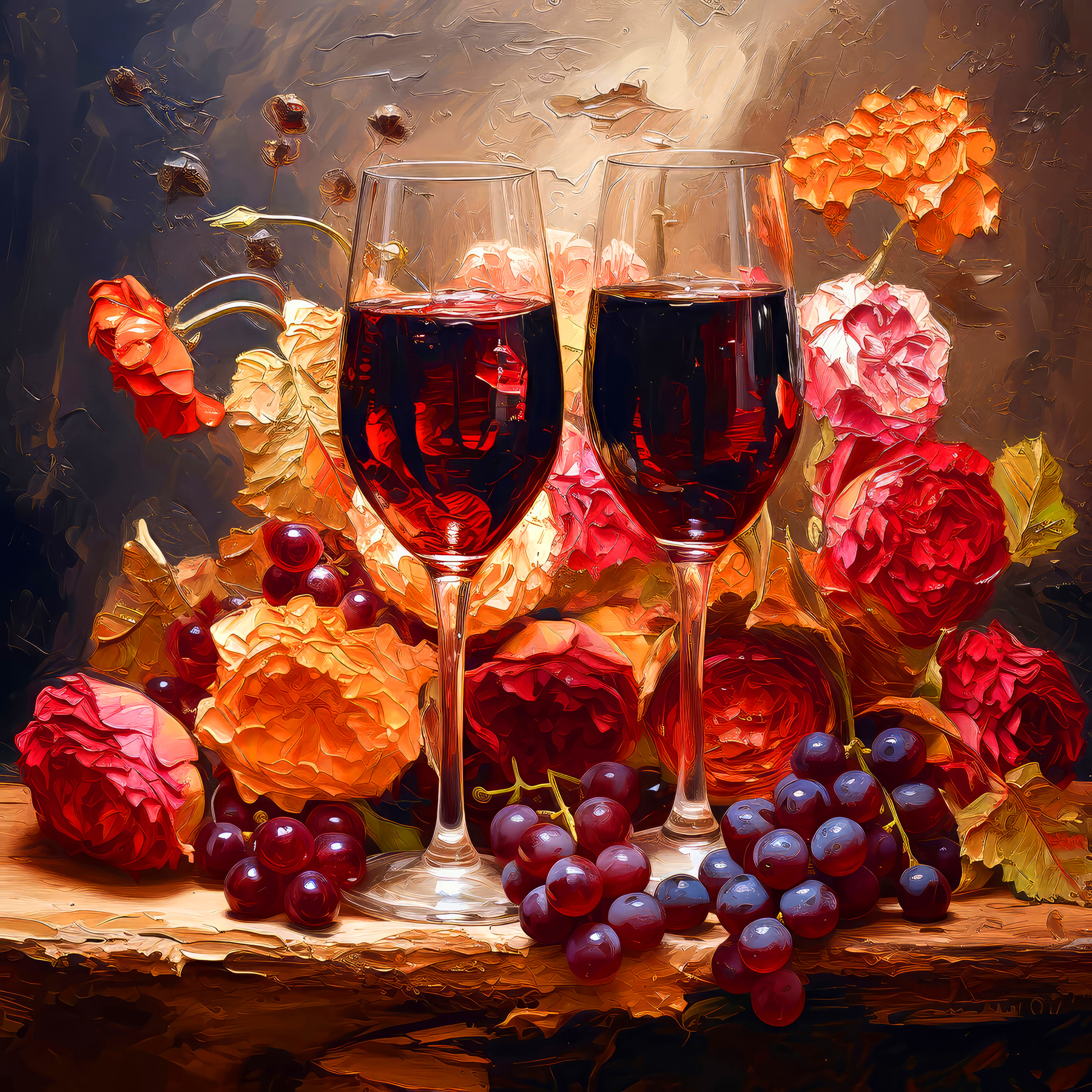 A painting of wine glasses and flowers