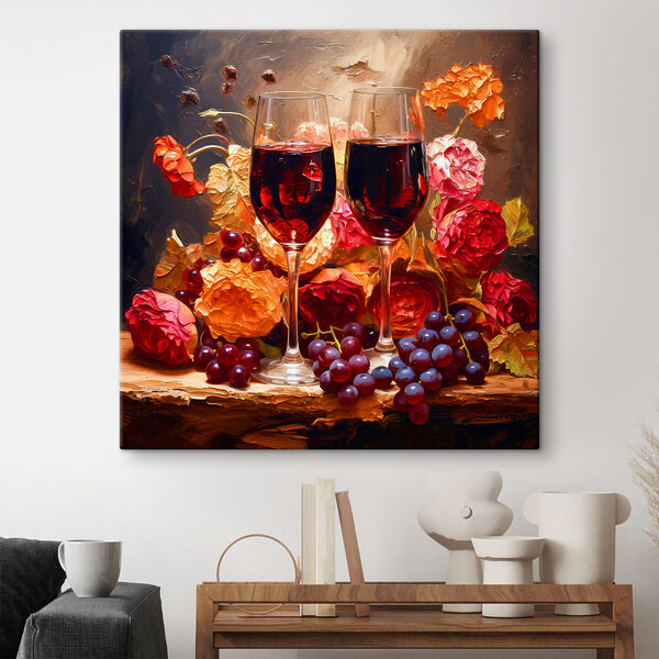 A painting of wine glasses and flowers
