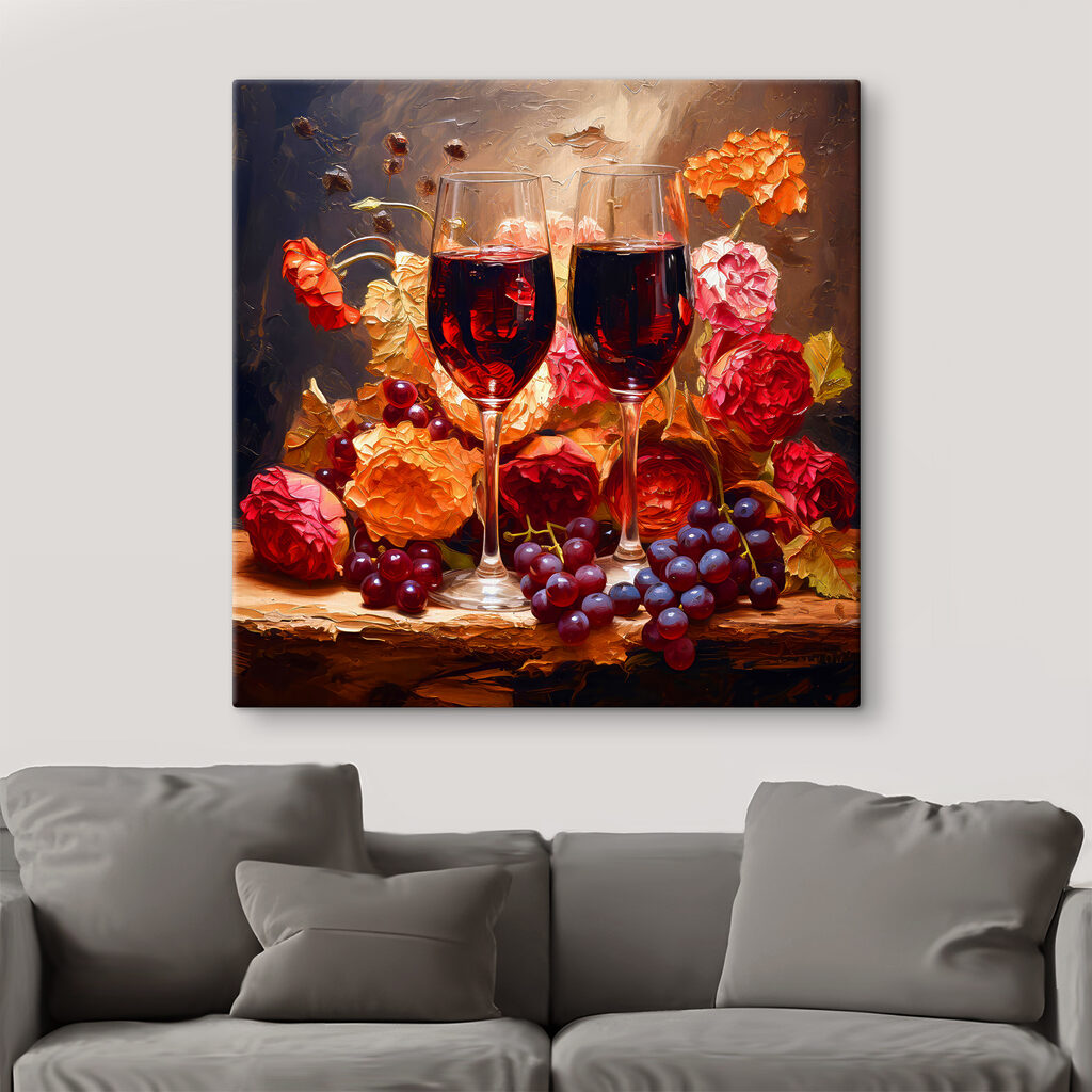 A painting of wine glasses and flowers