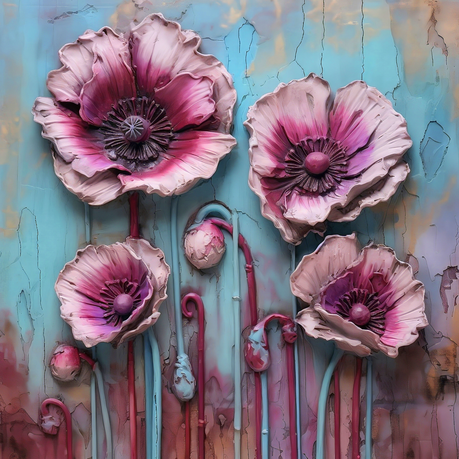 A group of pink and purple flowers