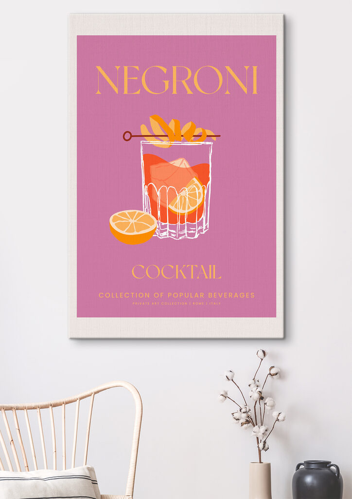 A poster of a drink with orange slices and a stick A poster of a drink with orange slices and a stick