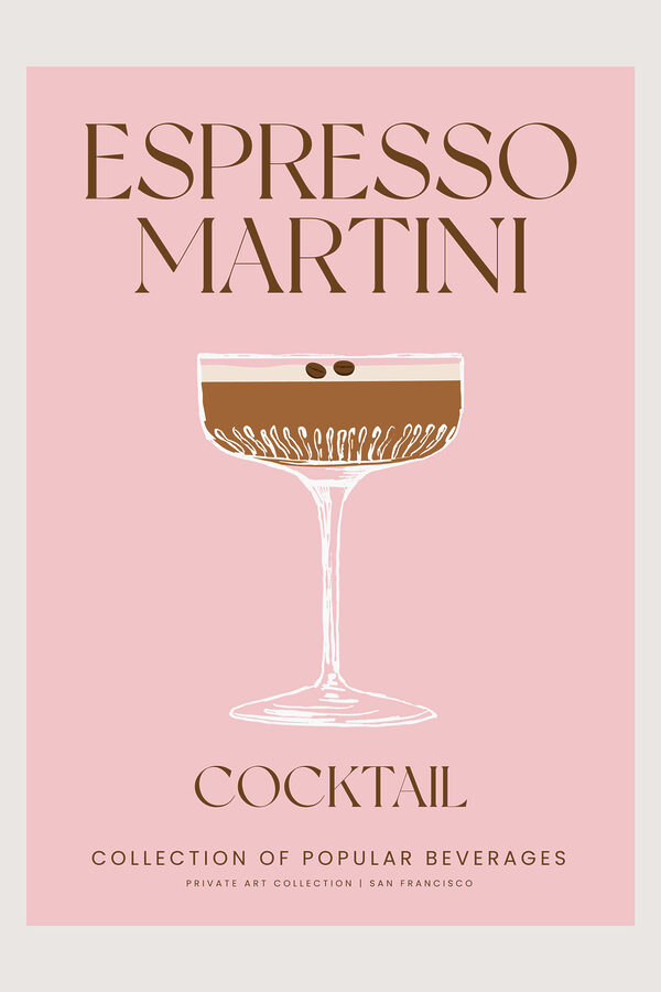 A pink and white sign with a glass of brown liquid A pink and white sign with a glass of brown liquid