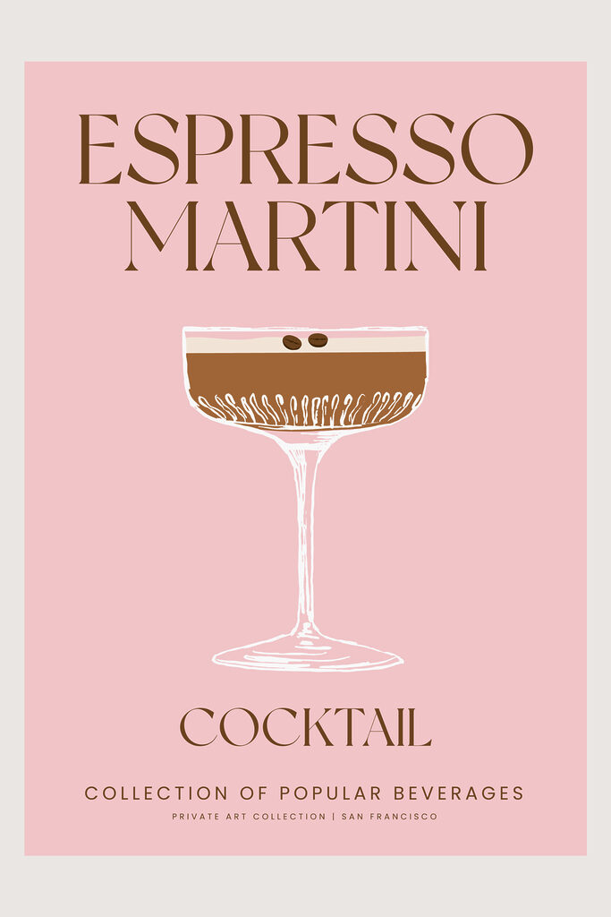 A pink and white sign with a glass of brown liquid A pink and white sign with a glass of brown liquid