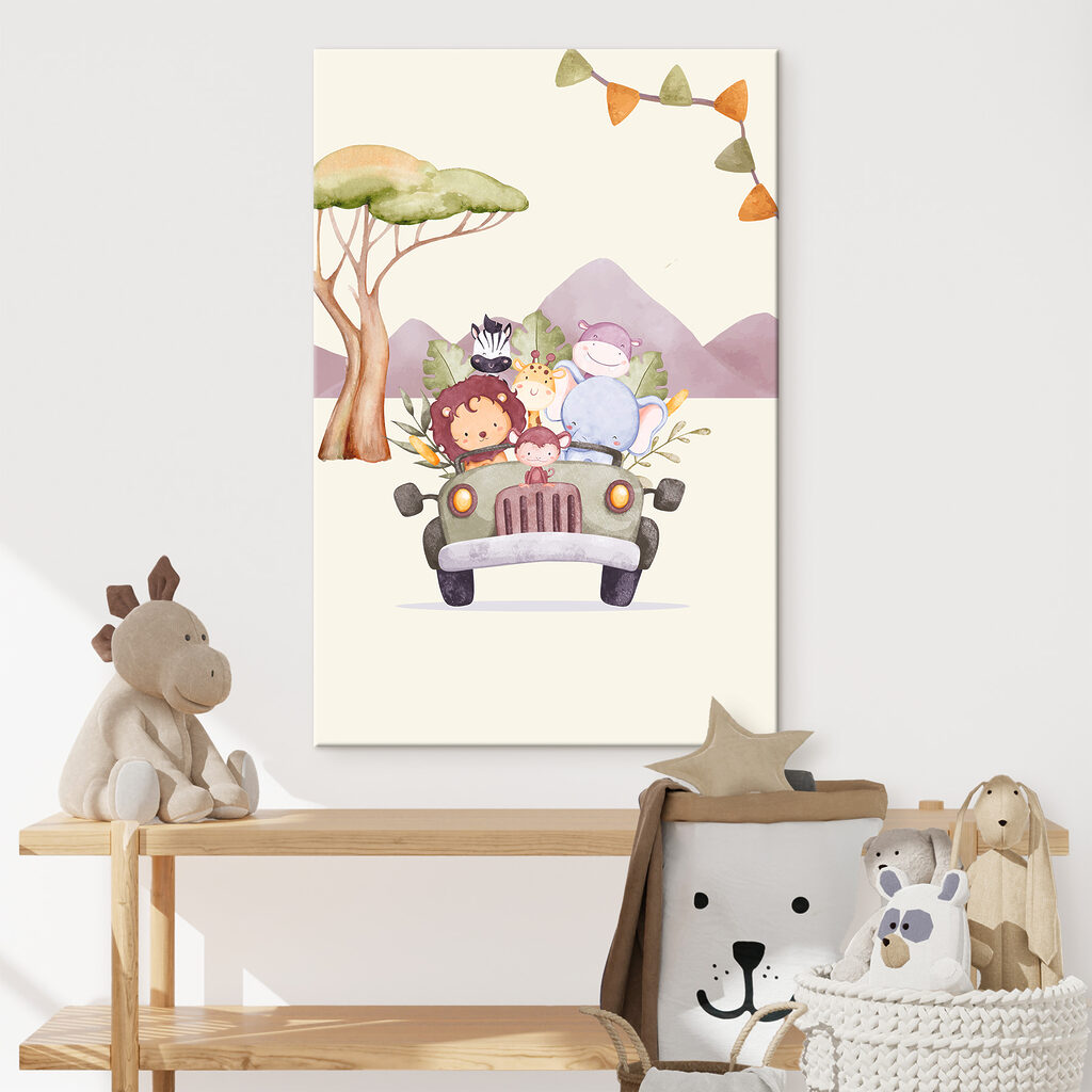 A cartoon of animals in a car