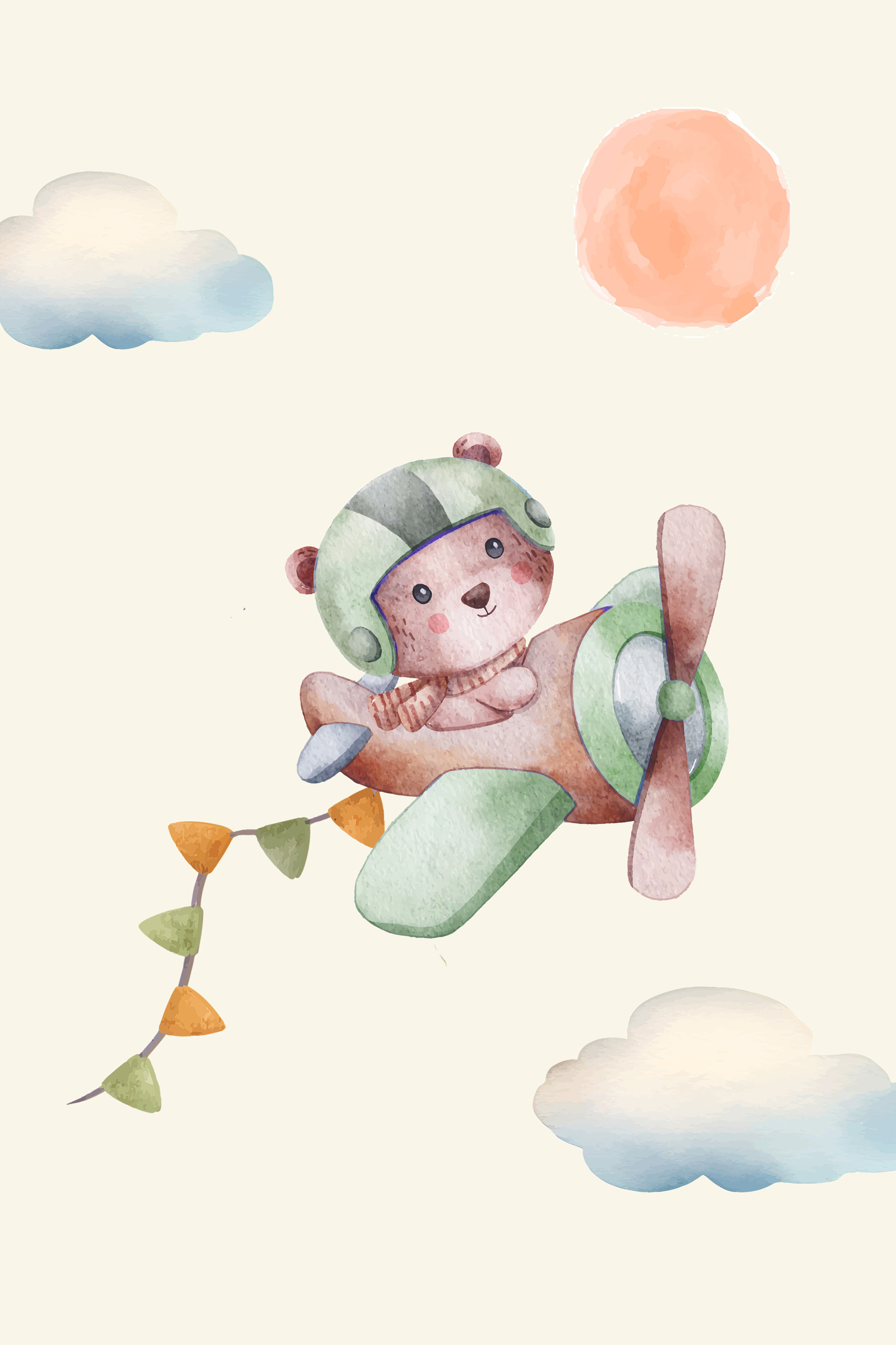 A watercolor painting of a teddy bear in a plane A watercolor painting of a teddy bear in a plane