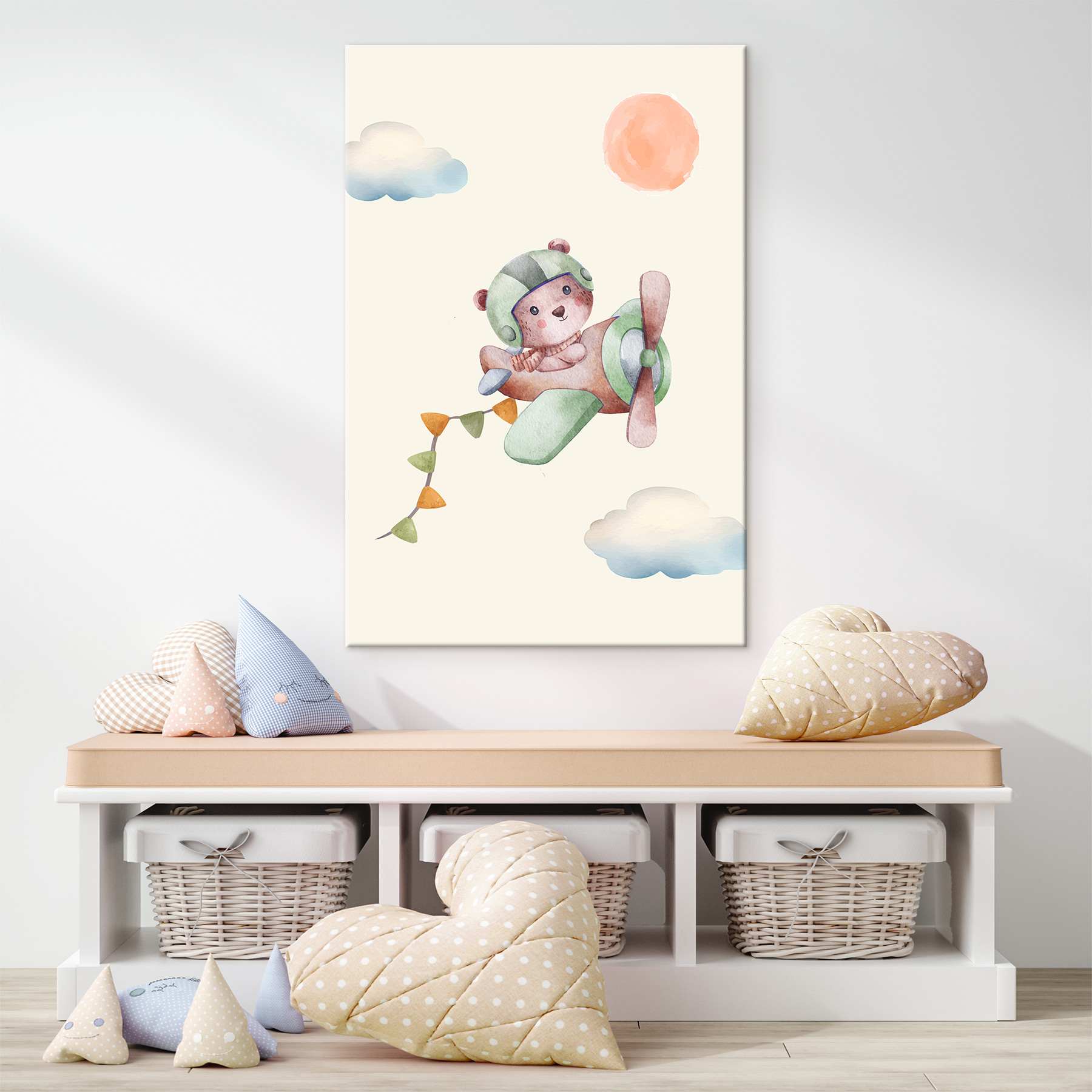 A watercolor painting of a teddy bear in a plane A watercolor painting of a teddy bear in a plane