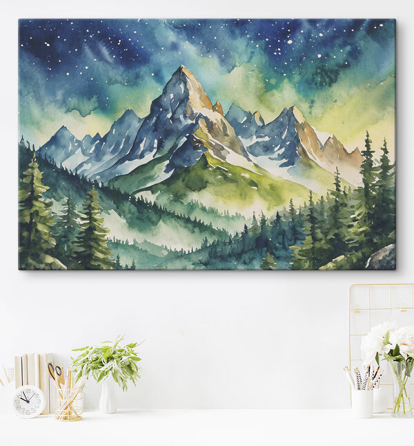 Quadri Quadri Acquerello raffigurante montagne, alberi e stelle (COD: s37944)