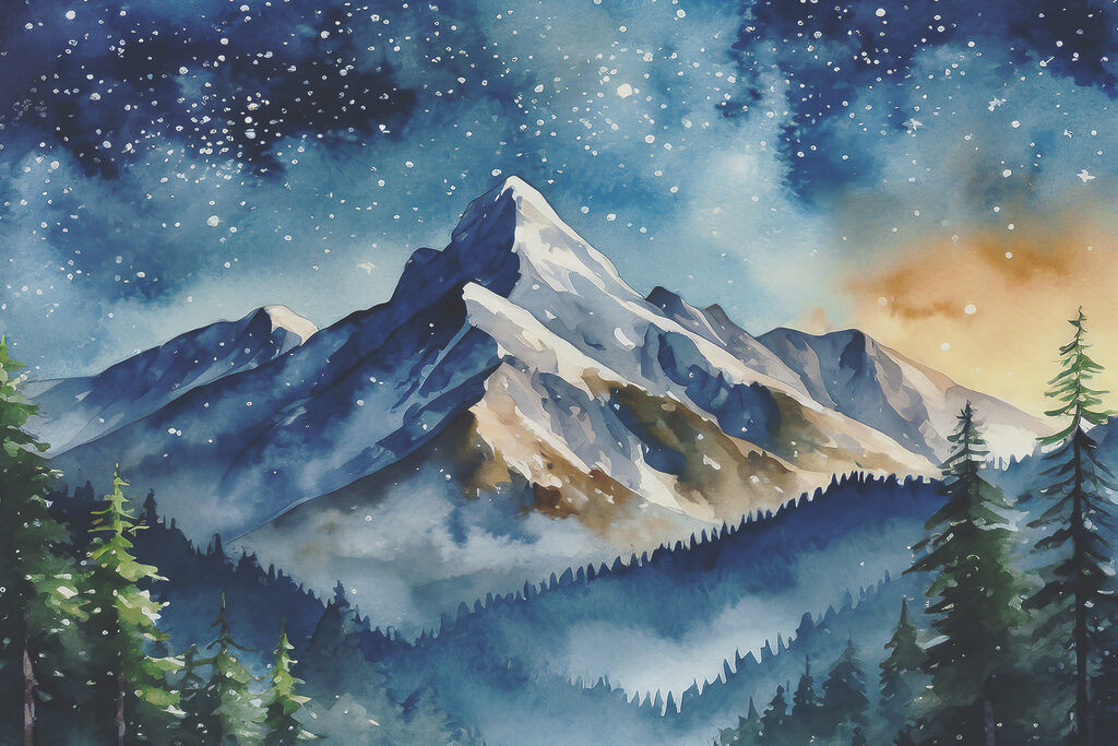 A watercolor painting of a mountain range