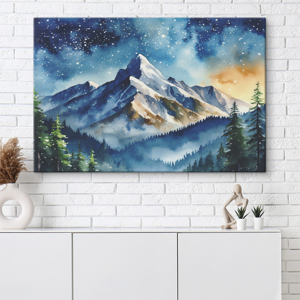 A watercolor painting of a mountain range