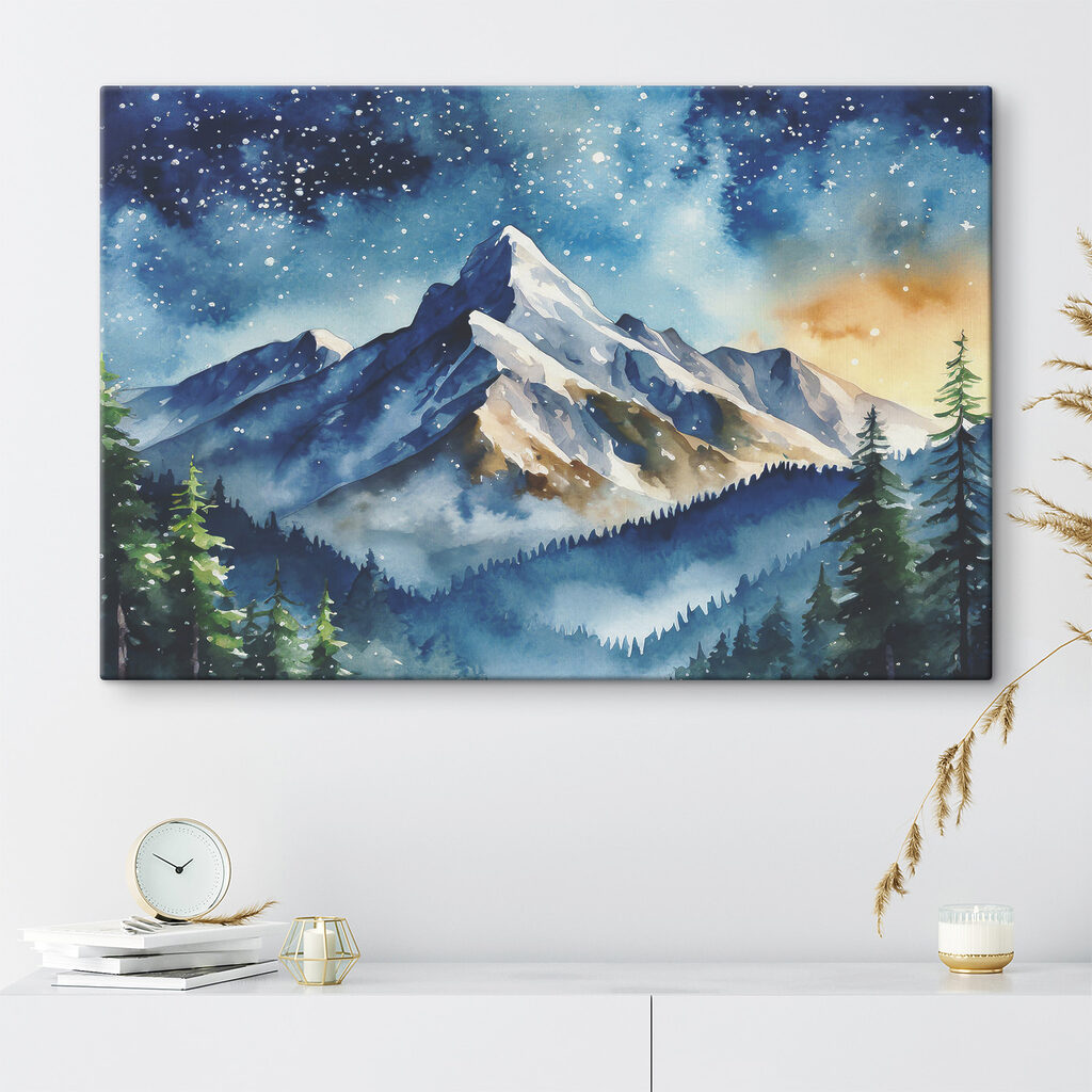 A watercolor painting of a mountain range