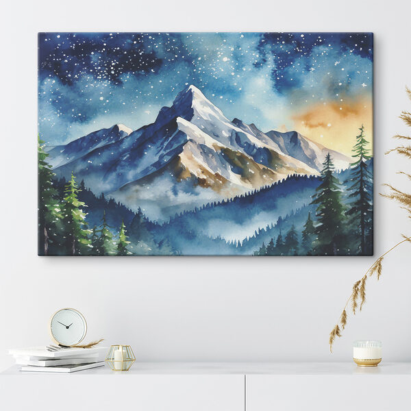 A watercolor painting of a mountain range