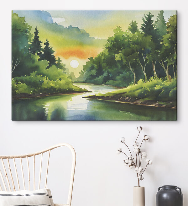 Watercolor painting of a river with trees and a sunset