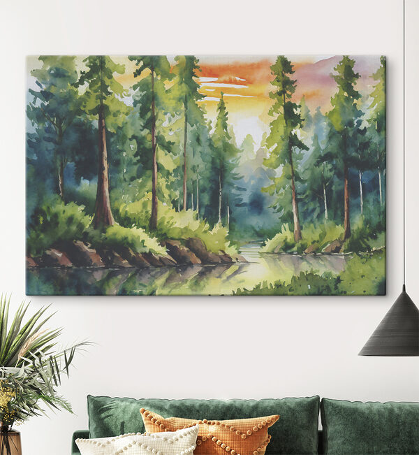 Quadri Quadri Acquerello raffigurante un fiume con alberi ed erba (COD: s37948)
