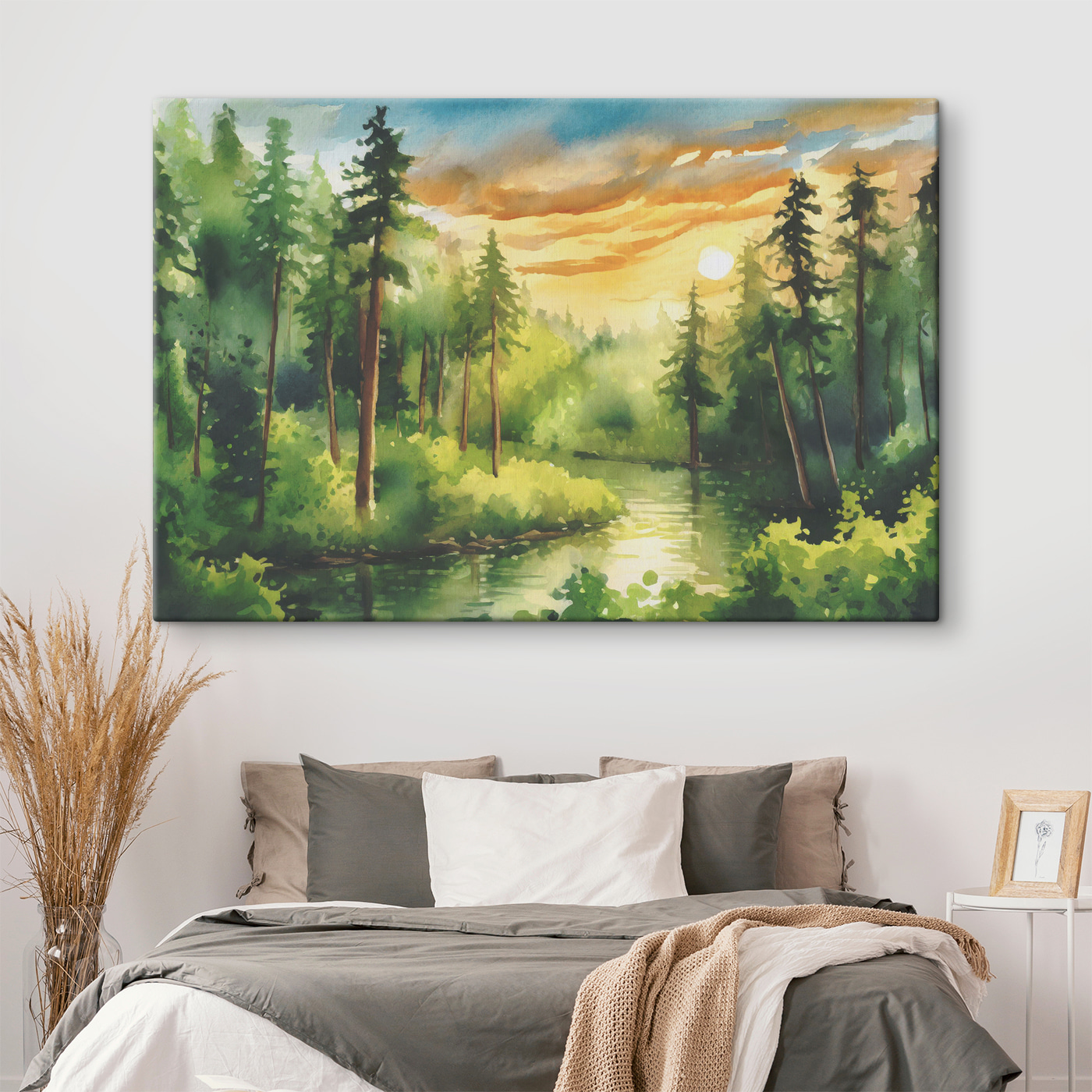 Watercolor painting of a river with trees and bushes and a sunset