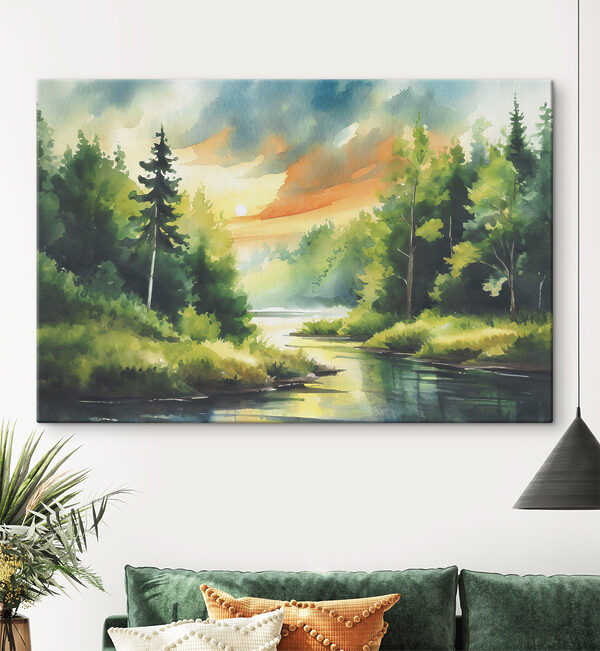 Quadri Quadri Acquerello raffigurante un fiume con alberi, erba e un tramonto (COD: s37953)