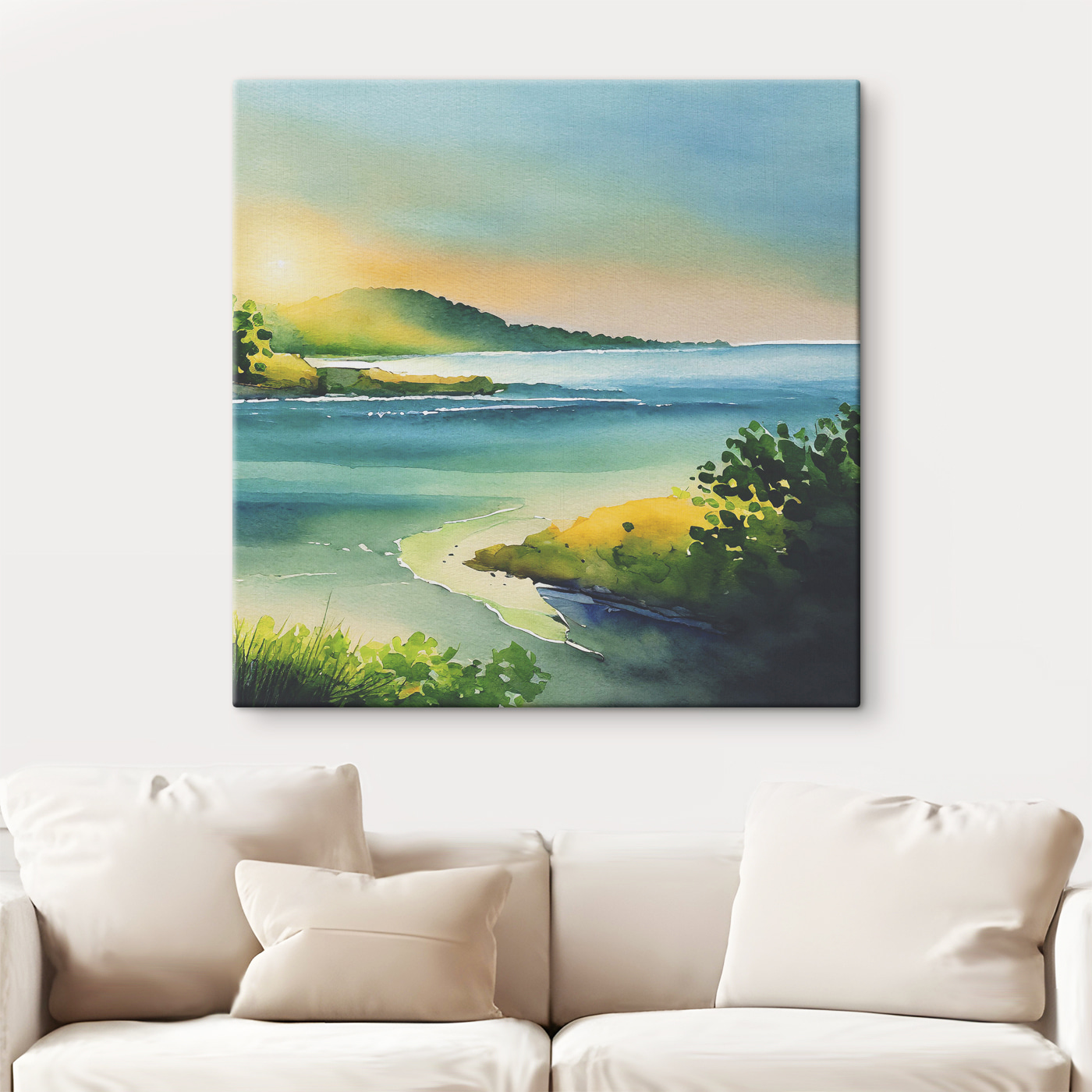 Watercolor painting of a river and trees and hills