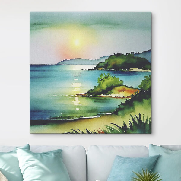 Quadri Quadri Acquerello raffigurante una spiaggia e uno specchio d'acqua con alberi e colline (COD: s37956)
