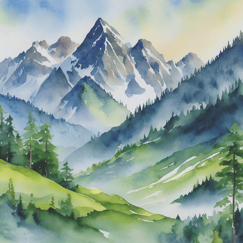 Watercolor painting of mountains and trees