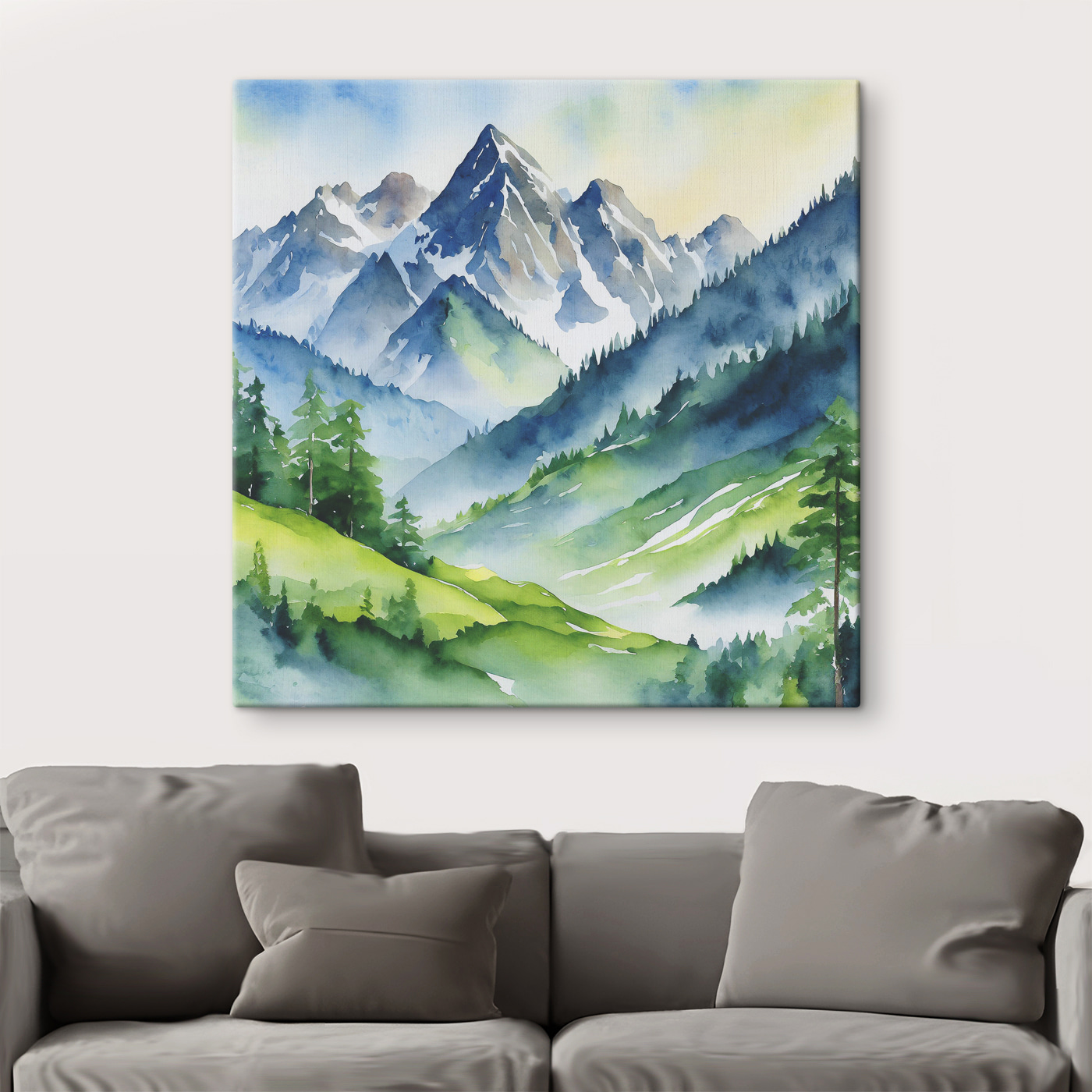 Watercolor painting of mountains and trees