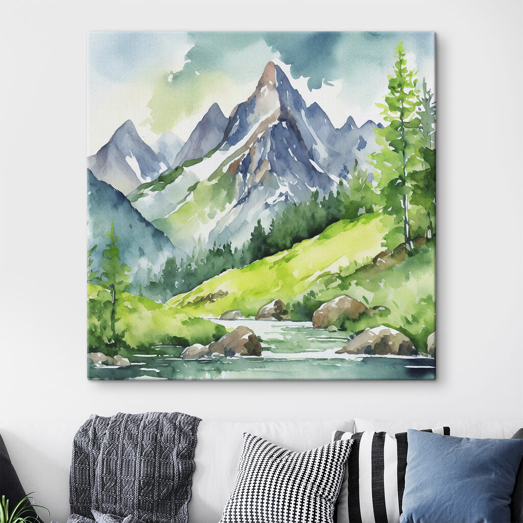 Watercolor of a river running through a mountain valley