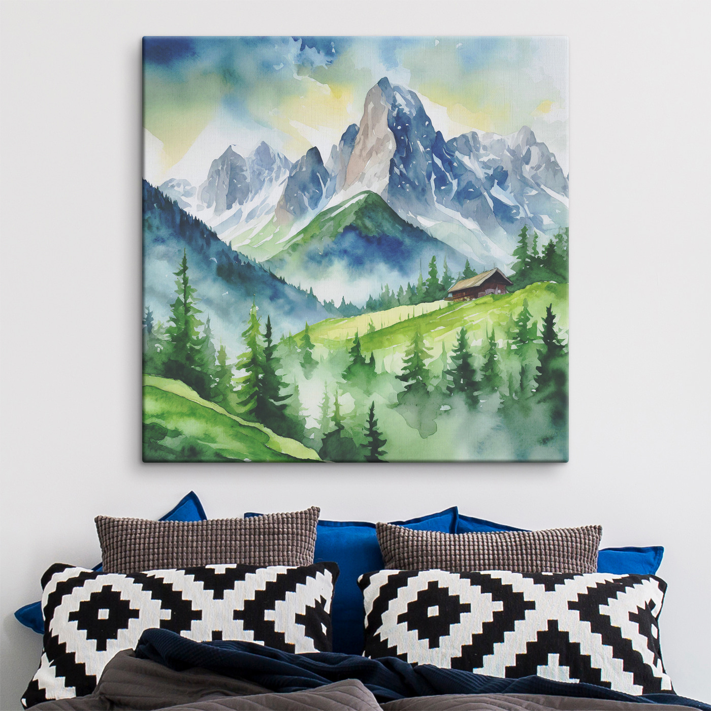 A watercolor painting of a house on a hill with trees and mountains