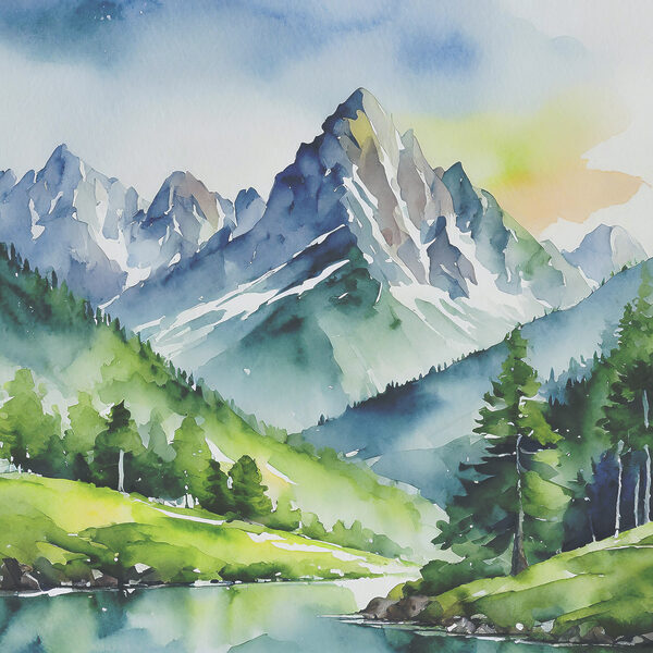 Watercolor of a mountain river and trees