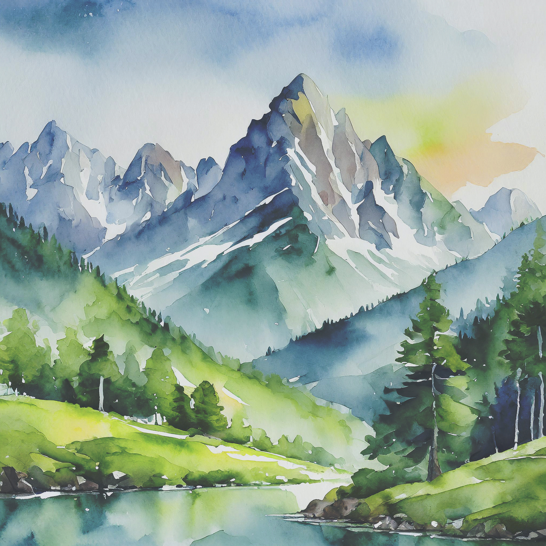 Watercolor of a mountain river and trees