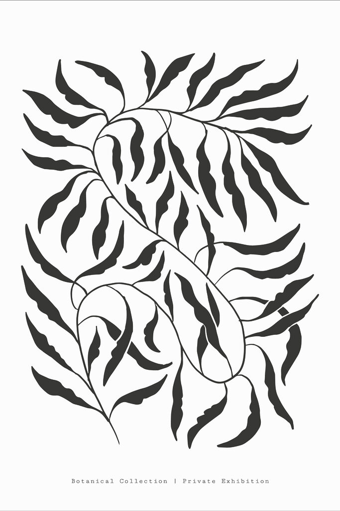 A black and white drawing of leaves