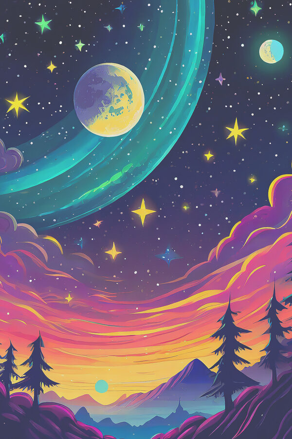 A colorful sky with trees and stars A colorful sky with trees and stars