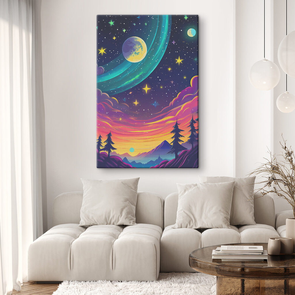 A colorful sky with trees and stars A colorful sky with trees and stars
