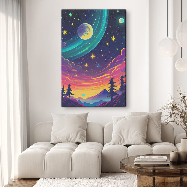 A colorful sky with trees and stars A colorful sky with trees and stars