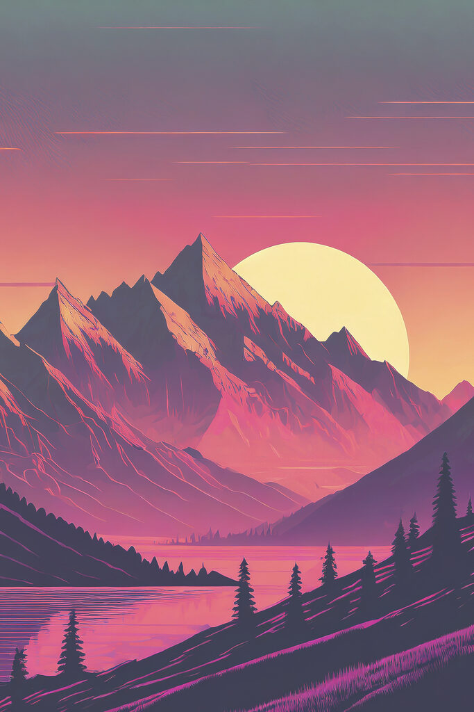 A mountain range with trees and a sunset