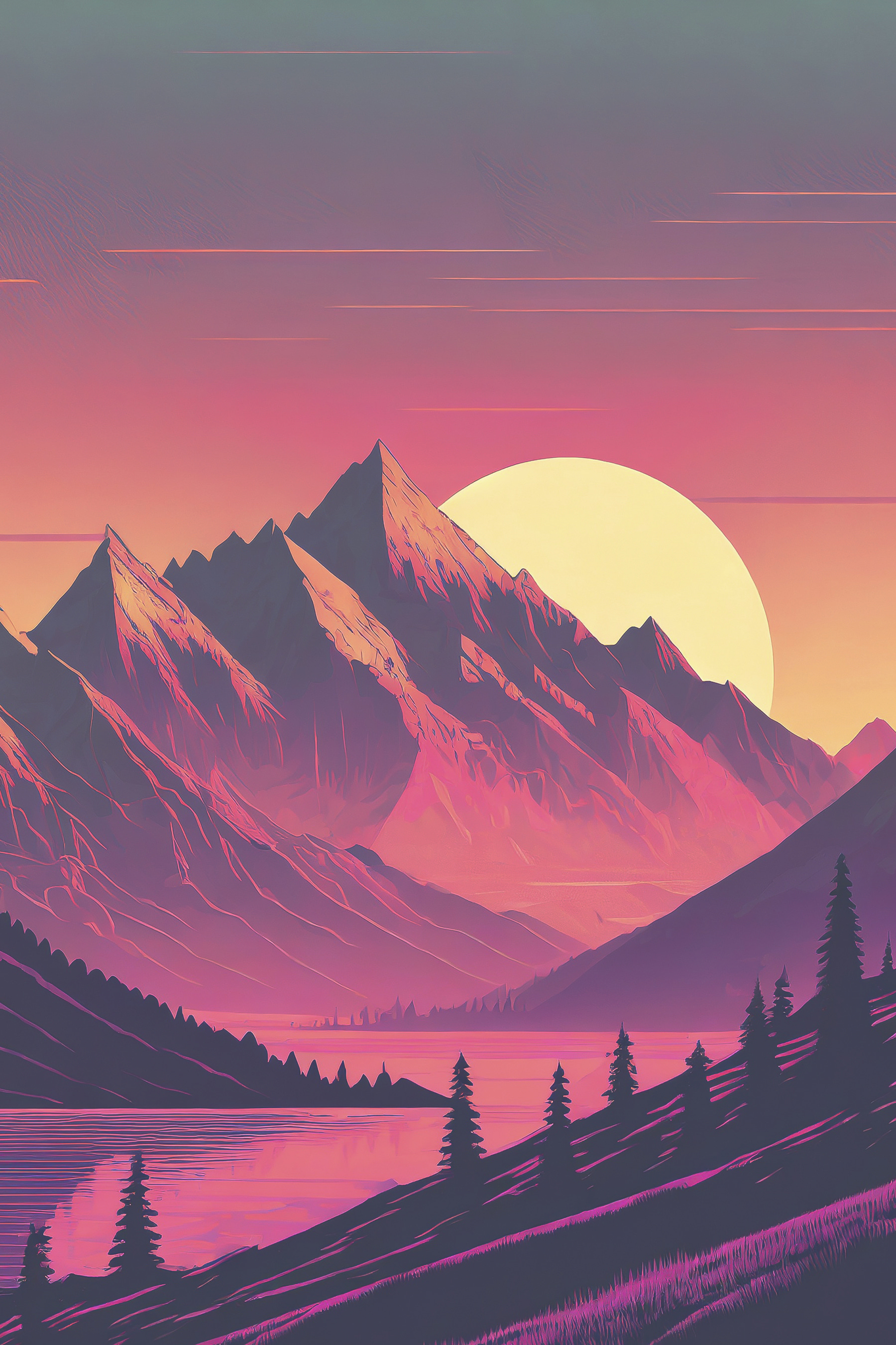 A mountain range with trees and a sunset