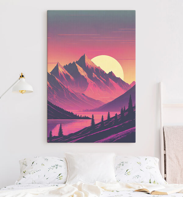 A mountain range with trees and a sunset