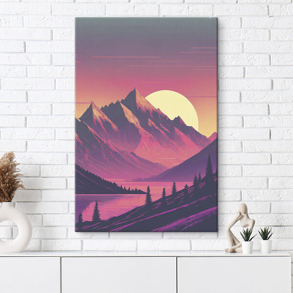 A mountain range with trees and a sunset