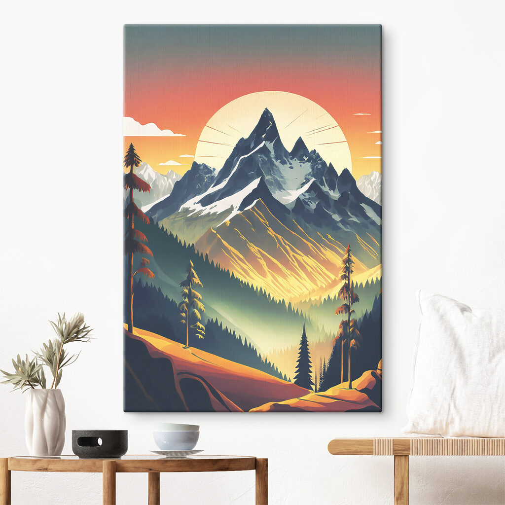 A mountain range with trees and a sunset A mountain range with trees and a sunset