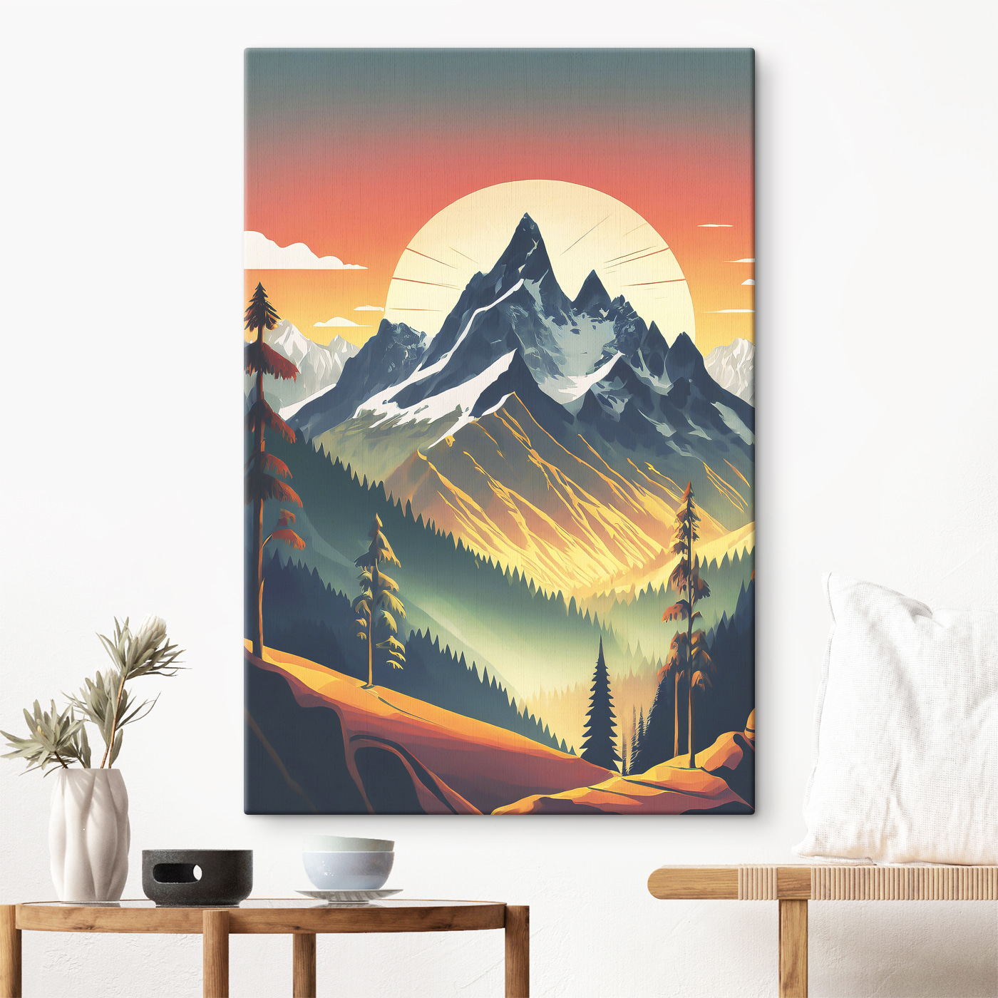 A mountain range with trees and a sunset A mountain range with trees and a sunset