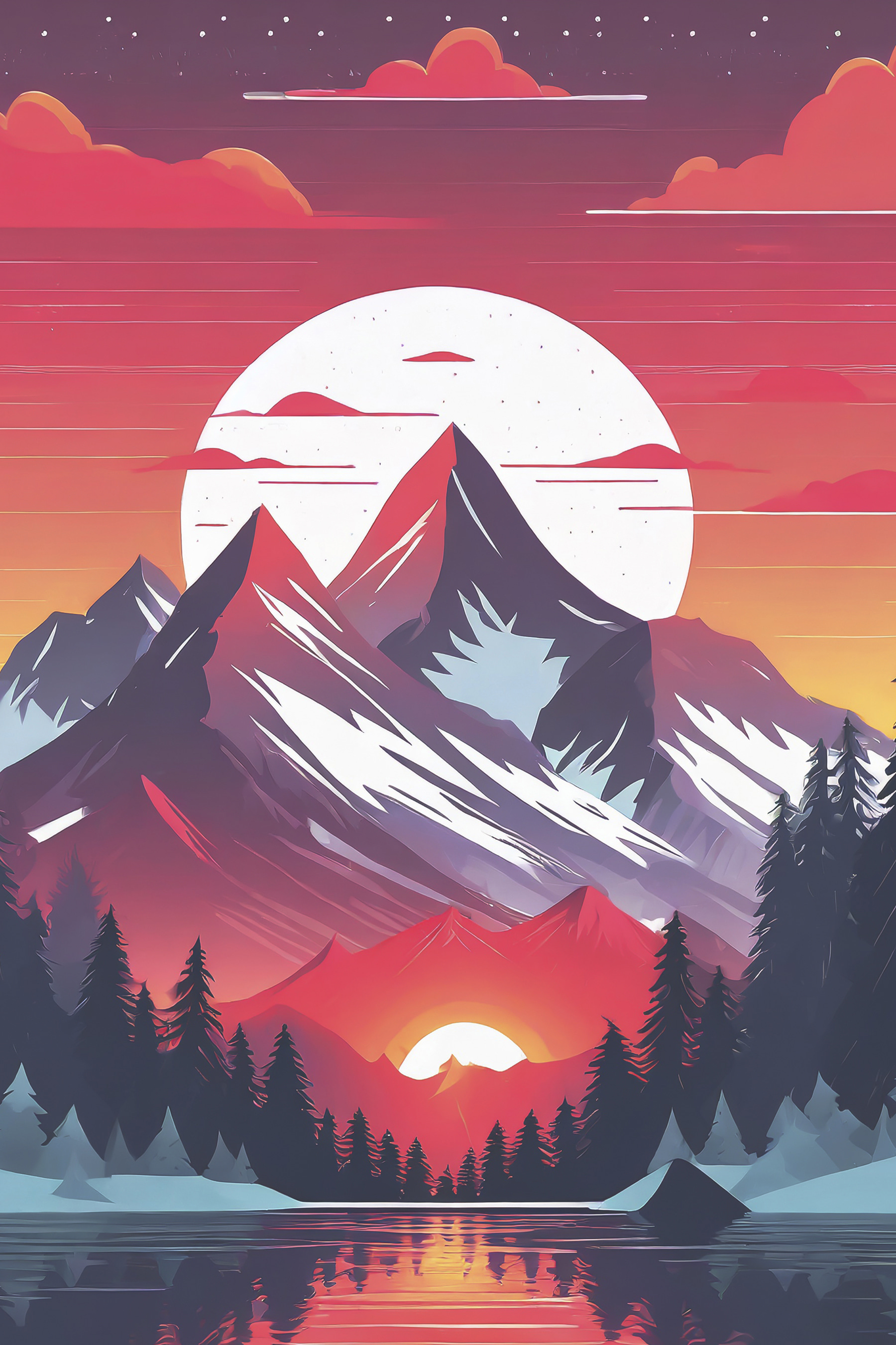 A mountain range with trees and a sunset A mountain range with trees and a sunset