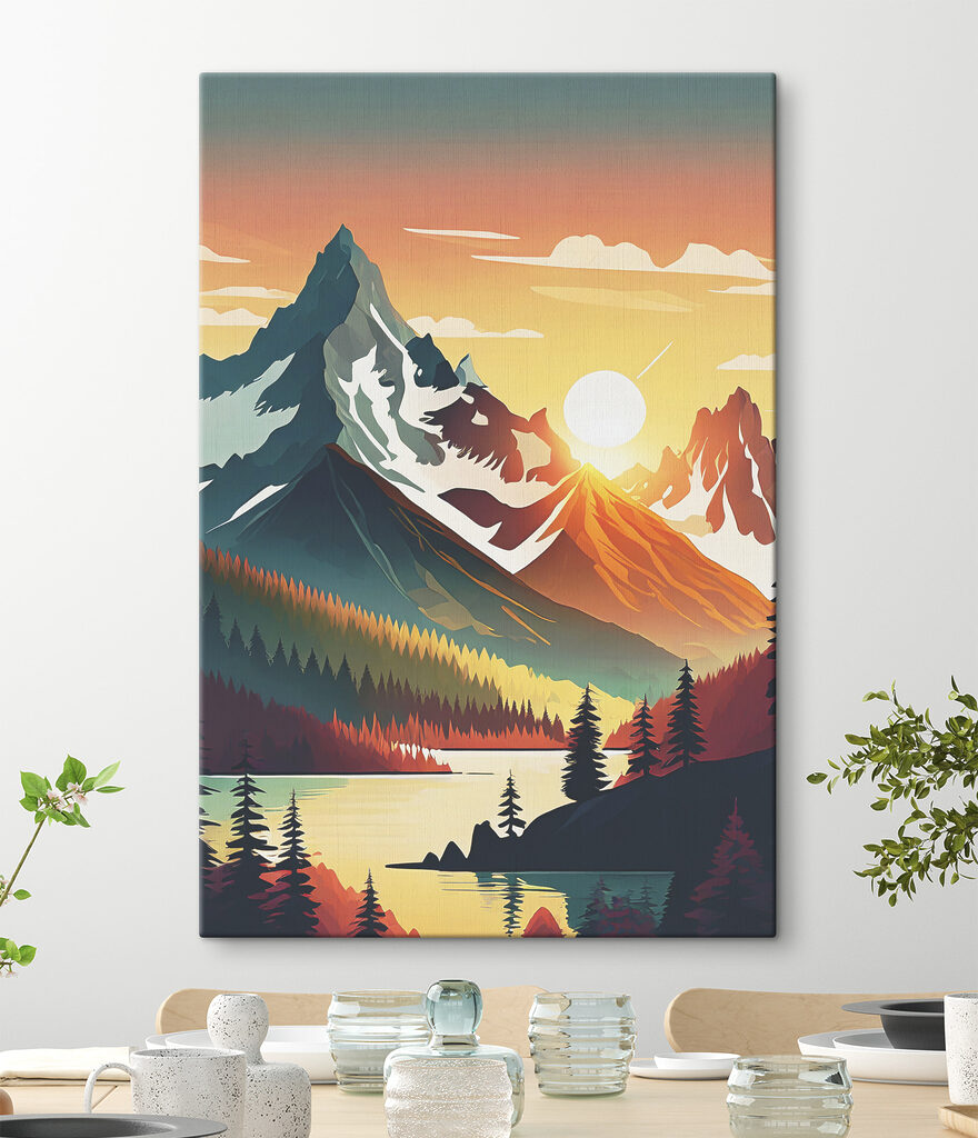 A mountain range with trees and a lake
