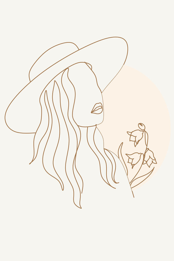 A drawing of a woman wearing a hat
