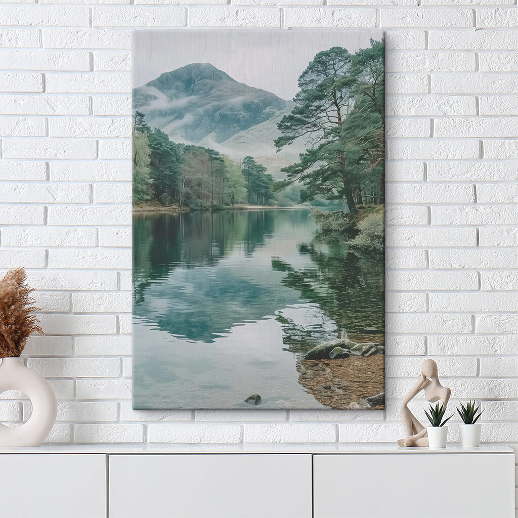 A lake surrounded by trees and mountains A lake surrounded by trees and mountains