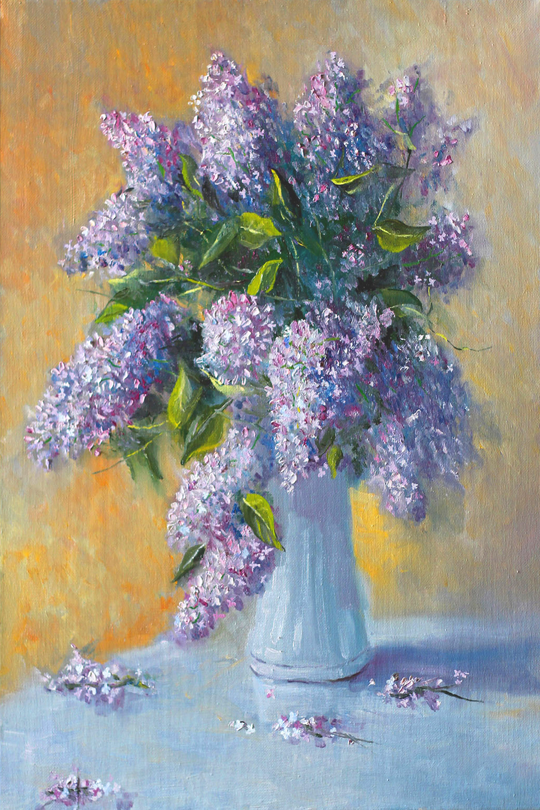 A painting of a bouquet of purple flowers in a white vase A painting of a bouquet of purple flowers in a white vase