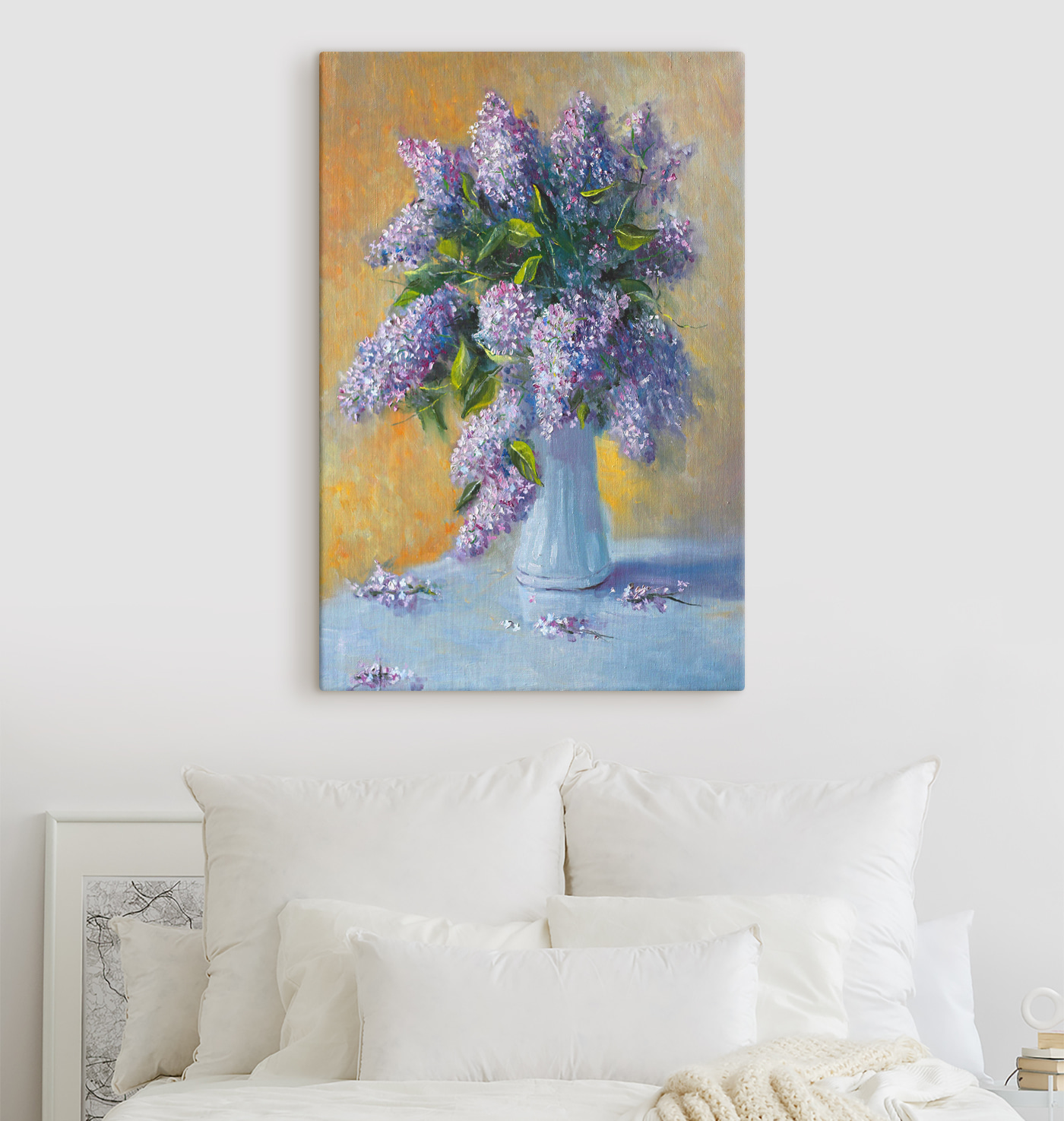 A painting of a bouquet of purple flowers in a white vase A painting of a bouquet of purple flowers in a white vase