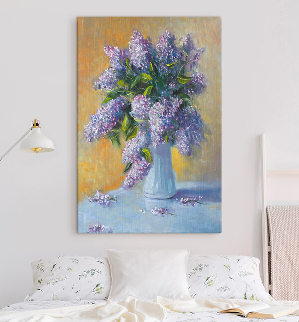 A painting of a bouquet of purple flowers in a white vase A painting of a bouquet of purple flowers in a white vase