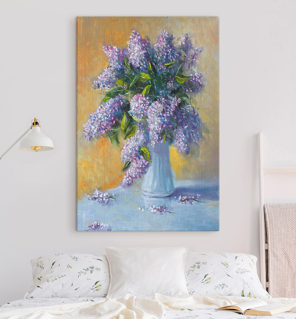 A painting of a bouquet of purple flowers in a white vase A painting of a bouquet of purple flowers in a white vase